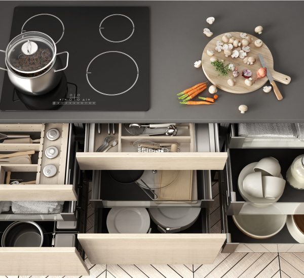 Opened,Wooden,Kitchen,Drawer,With,Accessories,Inside,,Solution,For,Kitchen